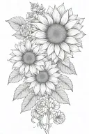 large single sunflower surrounded by roses and chrysanthemums flower tattoo design idea