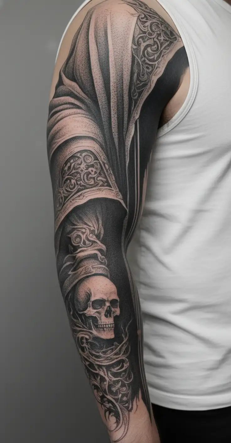 hooded reaper silohuette, smoke, fire, scary, bat wings tattoo design idea