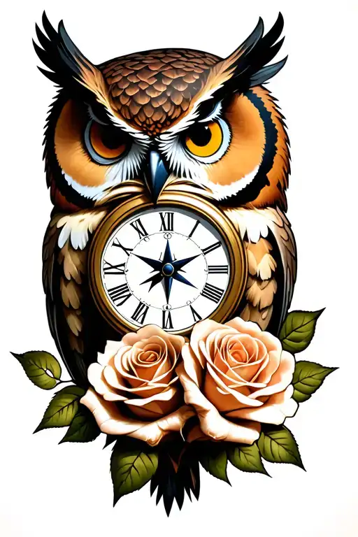owl grasping clock and compass 2 roses  tattoo design idea