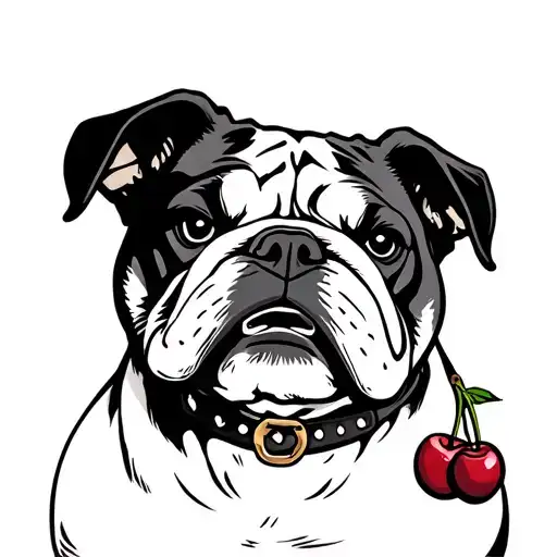 angry bulldog wearing cherry choker tattoo design idea