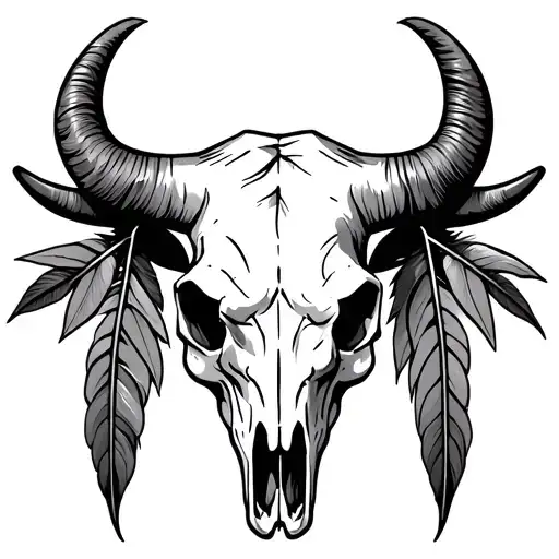 bull skull with feathers hanging tattoo design idea
