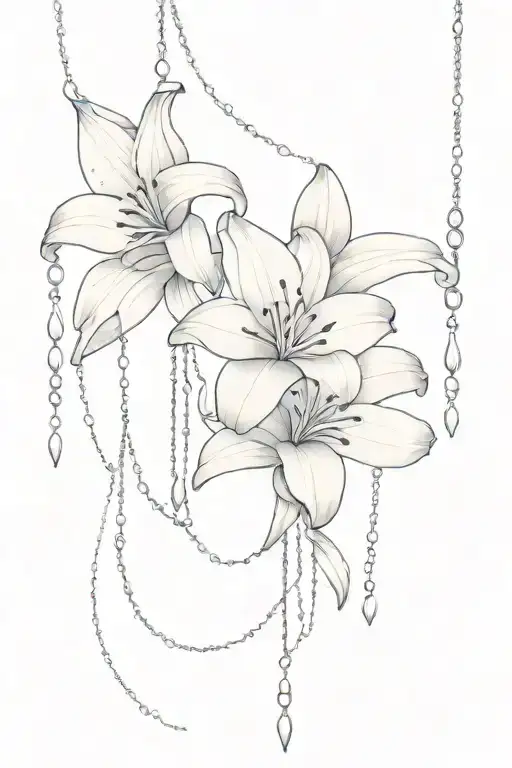 cascading lily flowers with elegant chains connected and dangling beneath, with a simple Victorian lace pattern behind  tattoo design idea