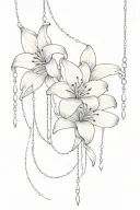 cascading lily flowers with elegant chains connected and dangling beneath, with a simple Victorian lace pattern behind  tattoo design idea