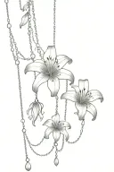 cascading lily flowers with elegant chains connected and dangling beneath, with a simple Victorian lace pattern behind  tattoo design idea