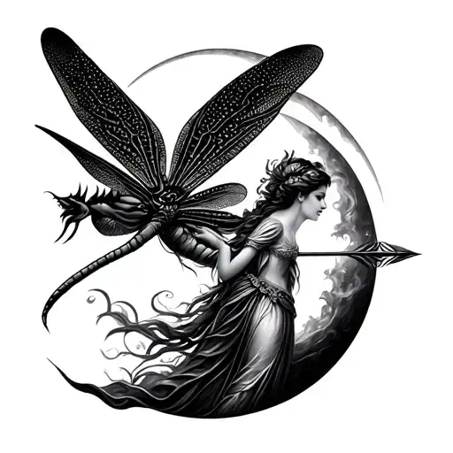 dragon fly and goddess Diana moon and arrow merging tattoo design idea
