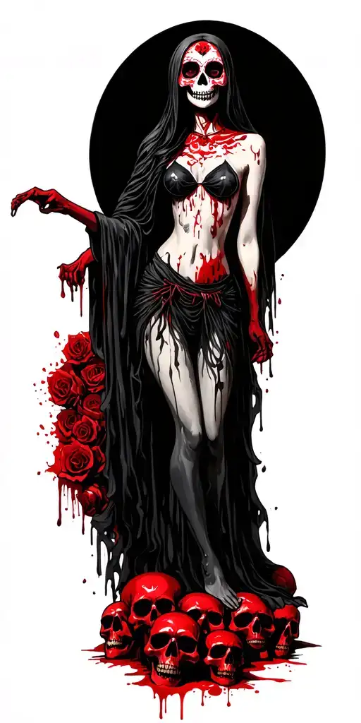 topless female grim reaper full body with a sugar skull painted face standing on a pile of bloody skulls tattoo design idea