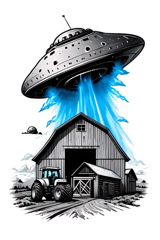 ufo with blue beam over barn and tractor tattoo design idea