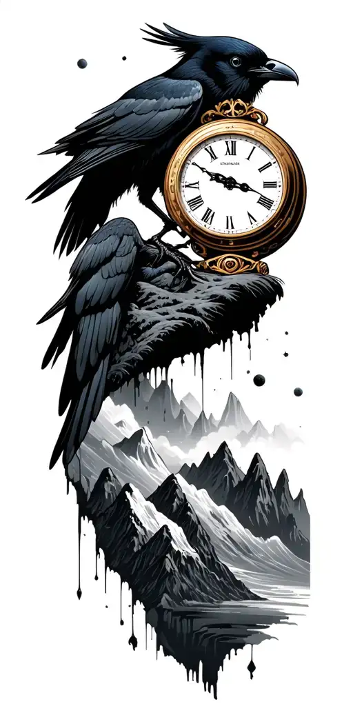 black out space background, mountains, crow, time piece tattoo design idea