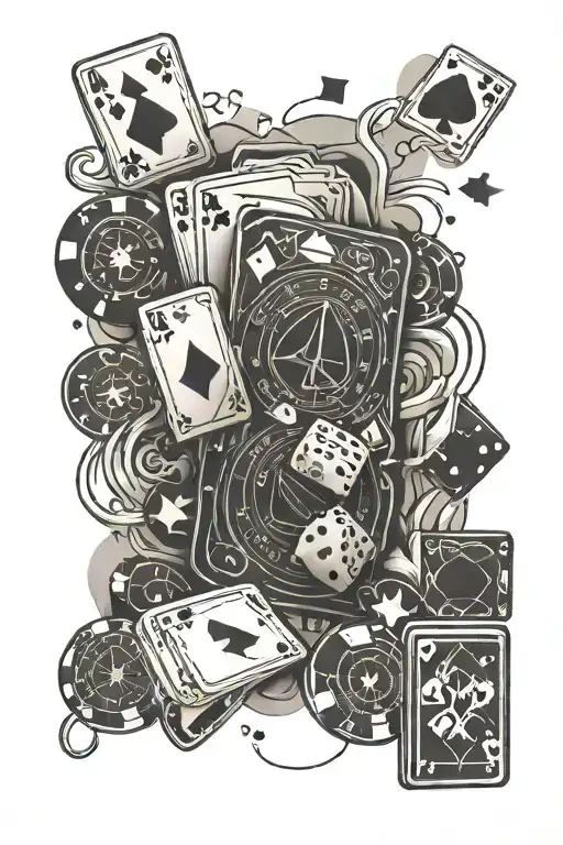 Minimalist arm sleeve tattoo with poker chips, cards, dice, and smoke wisps, using bold outlines and light shading. tattoo design idea