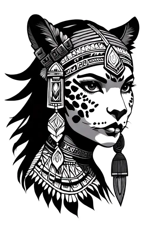Aztec princess with jaguar head dress standing tattoo design idea