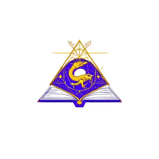 blue-purple tesseract with a golden dragon and a book tattoo design idea