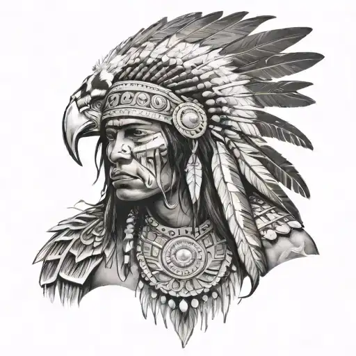 indigenous Brazilian warrior with headdress and a hawk in the background tattoo design idea