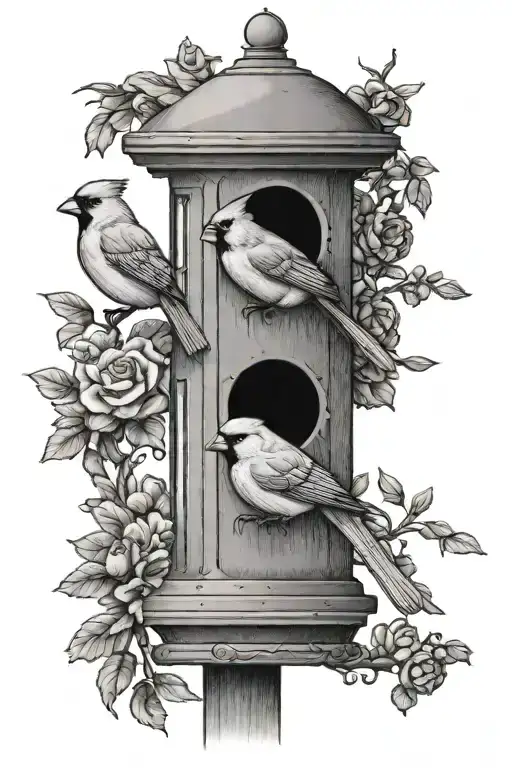 cardinals jays doves and crows sitting on a 3 hooked light lamppost with an anti squirrel bird feeder  tattoo design idea