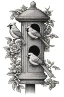 cardinals jays doves and crows sitting on a 3 hooked light lamppost with an anti squirrel bird feeder  tattoo design idea