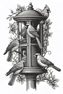 cardinals jays doves and crows sitting on a 3 hooked light lamppost with an anti squirrel bird feeder  tattoo design idea