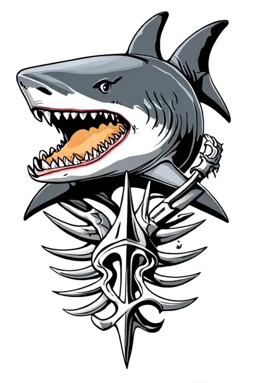 shark, trident and coffee tattoo design idea