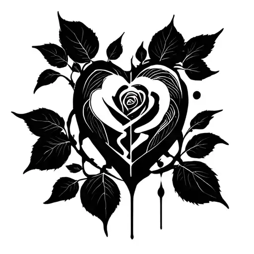 A black and white minimalist tattoo of a broken heart bleeding rose petals.  tattoo design idea