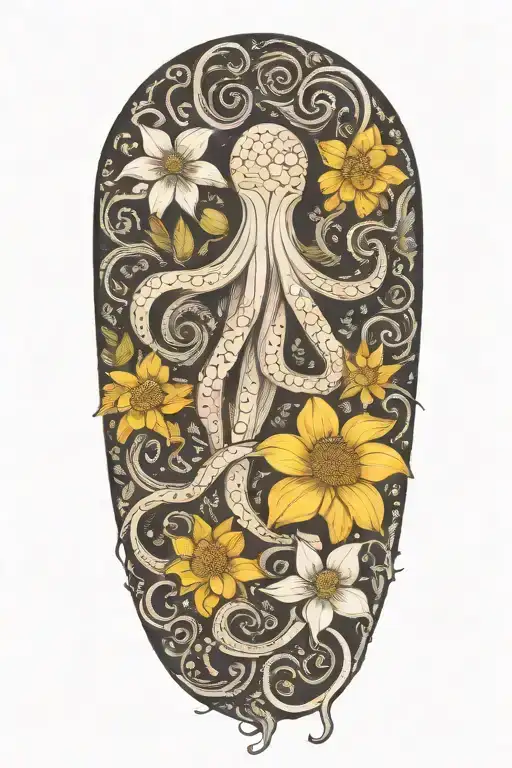 snowdrops, rose, marigold, daffodil, "octopus" tentacles tattoo design idea