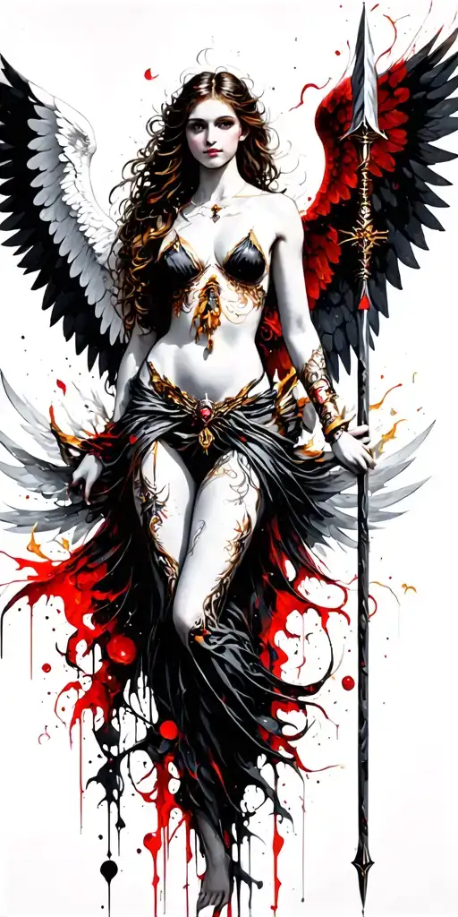 fantasy style tattooed, nude, female angel featuring spear, huge white wings tattoo design idea