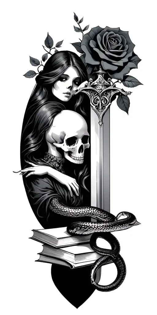 skull and woman,roses,books, sword, snake dark romance tattoo design idea