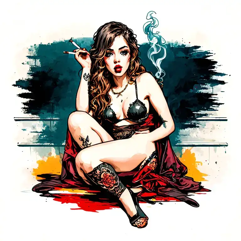 sexy. pale girl 20's. smoking a cigarette. little to no clothing. sitting down. sexual. naughty. biting her lip.  tattoo design idea