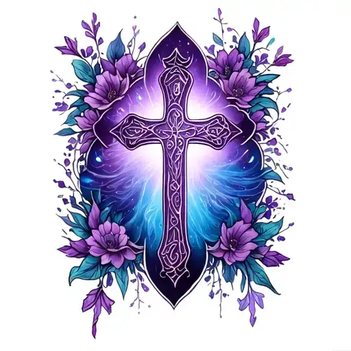 Religious delicate cross tattoo colorfull with purple and blue being the main colors with small prayers in the backgroun tattoo design idea