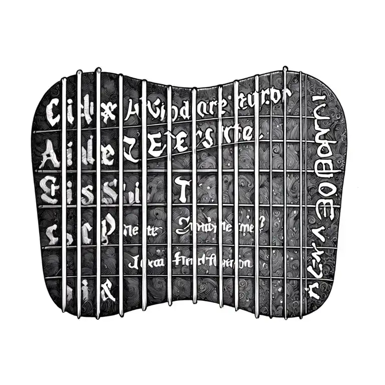 Guitar neck with strings with Names in the strings transforming tattoo design idea