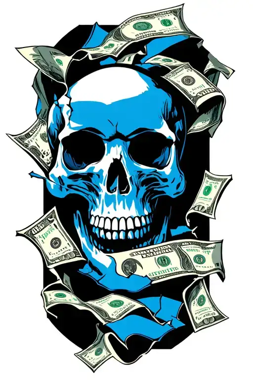 "Paper chaser in white and blue" (Text:) paper chaser in white and blue with a skull cracked and money flowing tattoo design idea
