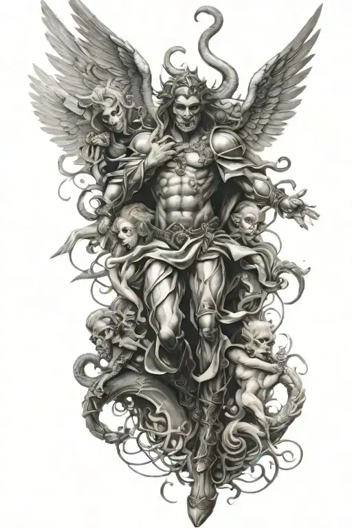 leg sleeve of angels and demons fighting with a masquerade jester day, and with and dark elements. hyper realism  tattoo design idea