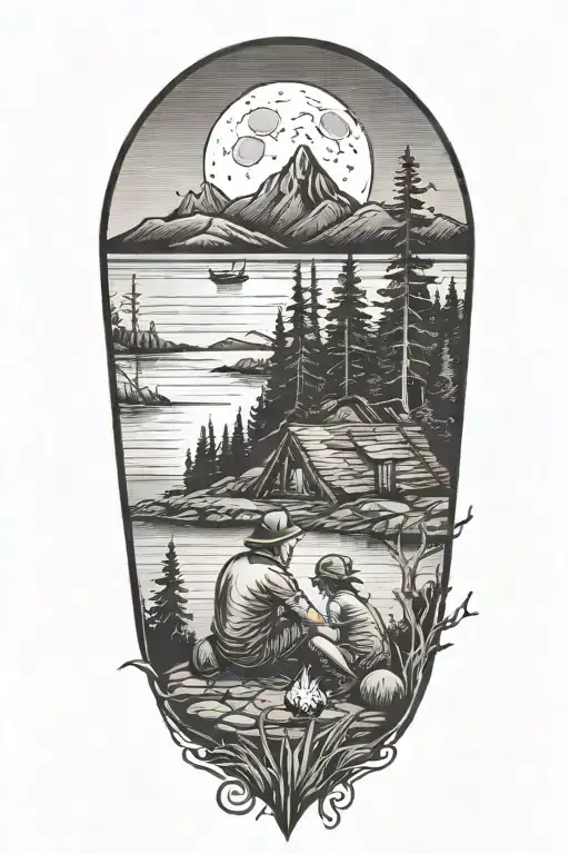 Man, woman, child, sitting at campfire overlooking lake. Trees, mountains, moon in background. Little hut on the shore tattoo design idea
