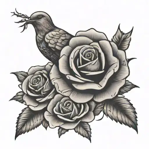 3 roses united, with a poster of Angie Meliza, a dove passes by and the heavenly light is seen between the clouds tattoo design idea