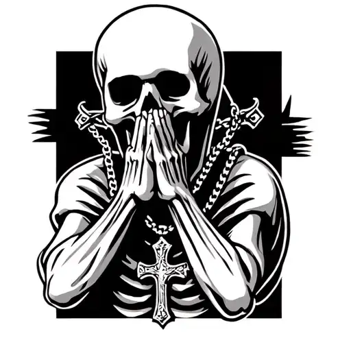 skeleton praying holding cross necklace  tattoo design idea