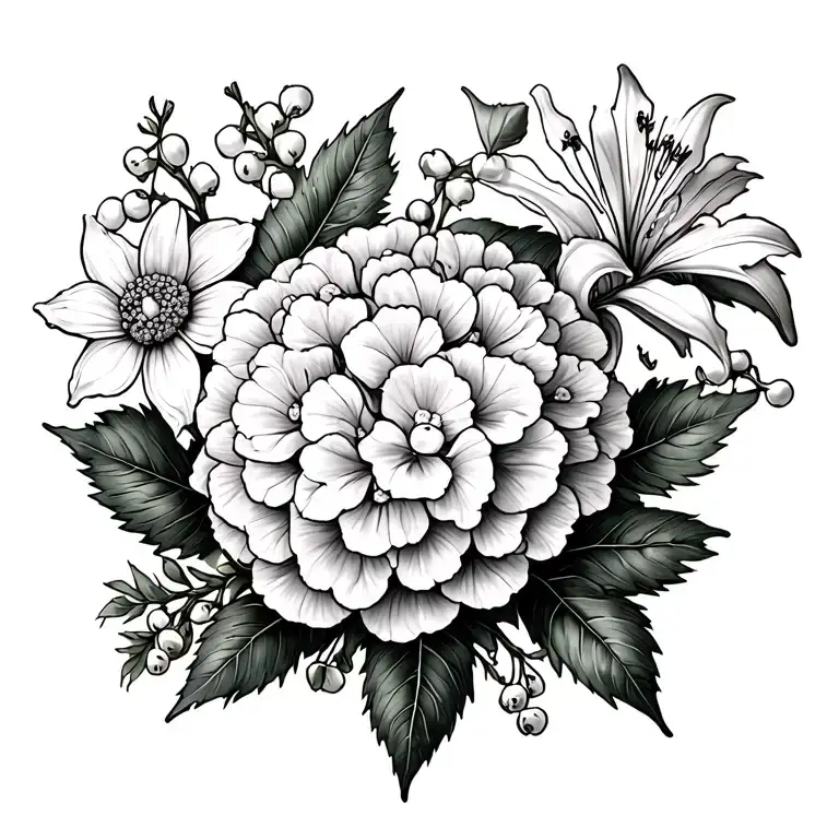 one hydrangea, one marigold, one lily of the valley branch, one daffodil, one holly branch, and ash leaves tattoo design idea