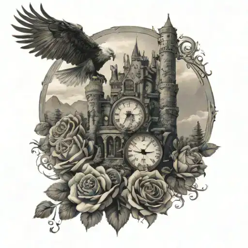 a castle with a path, a woman and two children, a clock with skulls, roses, an eagle and a wolf tattoo design idea