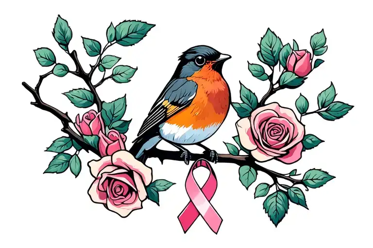 Colored Robin sitting on branch with roses around it with a cancer ribbon hanging on the branch tattoo design idea