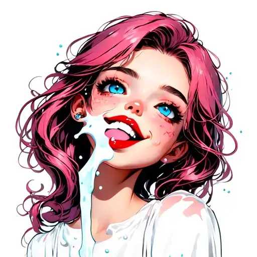 smiling girl, blue eyes, pink hair, red lips, milked spilled on top of tongue  tattoo design idea