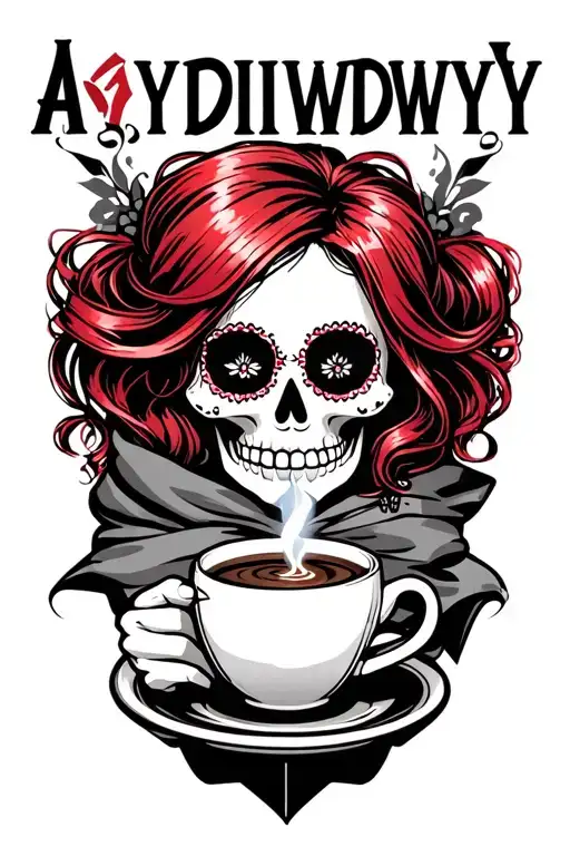 "AIYDIWDWY" sugar skull with red hair wearing a hair scarf holding a steaming cup of coffee tattoo design idea