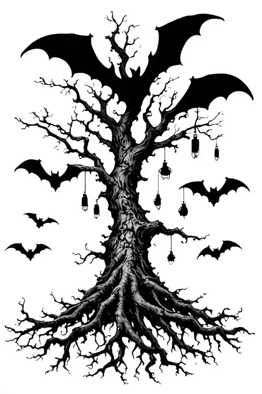 as above so below tree. bats hanging from branches. roots subtly form multiple "haha"s tattoo design idea