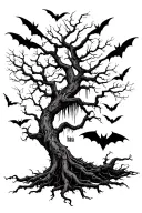 as above so below tree. bats hanging from branches. roots subtly form multiple "haha"s tattoo design idea