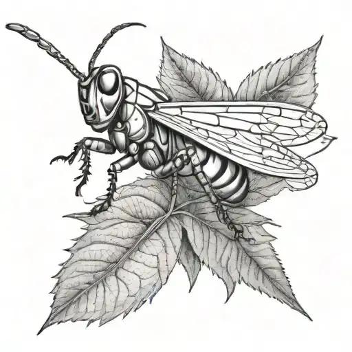 grasshopper on leaf line work tattoo design idea