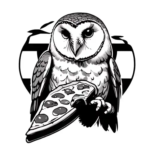 barn owl facing forward holding a slice of pizza in its claw tattoo design idea