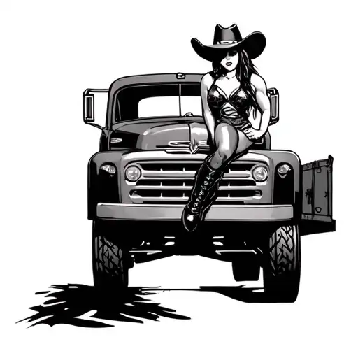 tow truck cowgirl with boots tattoo design idea