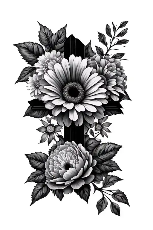 hydrangea gerbera daisy hibiscus pansys and peony's in a cross shape with the cross visible make it all fineline tattoos tattoo design idea