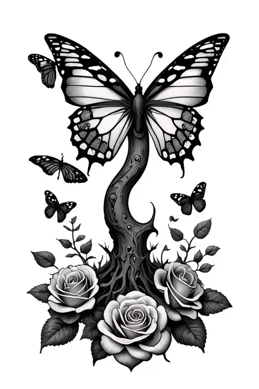 poison tree with semi colon butterfly and roses on the sides with Marr on the top and wrld at the bottom  tattoo design idea