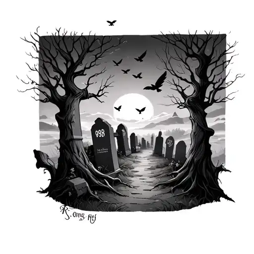 graveyard with xxxtentacions trees and on the grave stons its going to say 999 and some birds inte sky fit on arm tattoo design idea