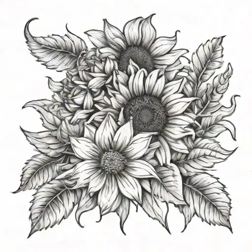 marigold and sunflower and lily and zinnia flower with stem and the words first born tattoo design idea