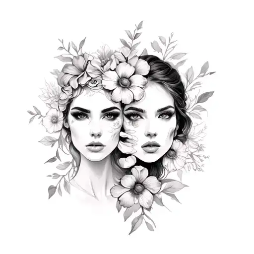 womens two face artwork with flowers tattoo design idea