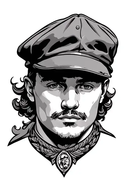 Black and grey old school tattoo design of Mikhail Krug wearing a flat cap, traditional tattoo style, bold outlines, vin tattoo design idea