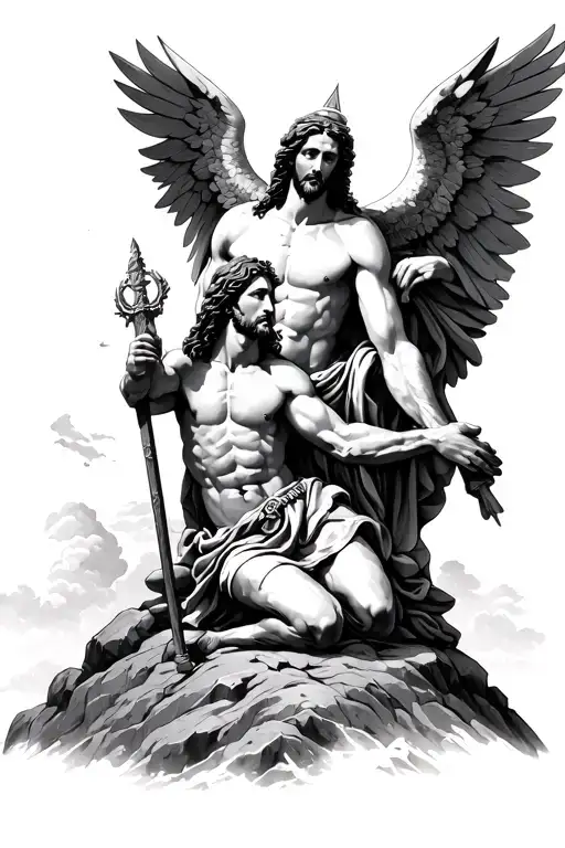 Saint Micheal kneeling down to Jesus on top of a hill after battle tattoo design idea