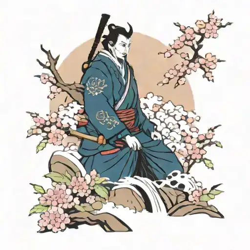 samurai with oni mask no horns with cherry blossom tree and waterfall no color tattoo design idea